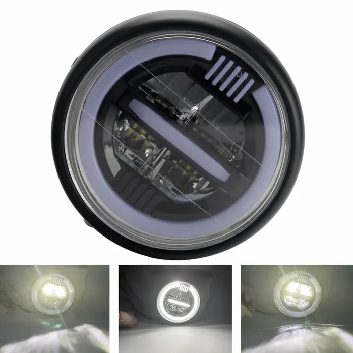 7″ Universal Motorcycle LED Headlight Cafe Racer Round Headlamp w/ High Low Beam Halo Daytime Running Light DRL For HONDA CB400