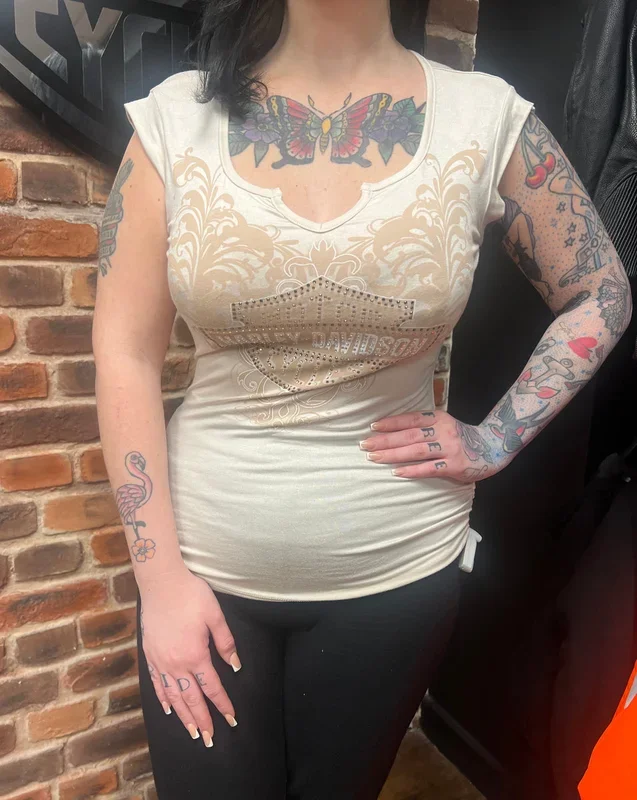 Harley Davidson ‘Mind Boost’ S/S Cream Sparkle Ladies Top HT4846OAT